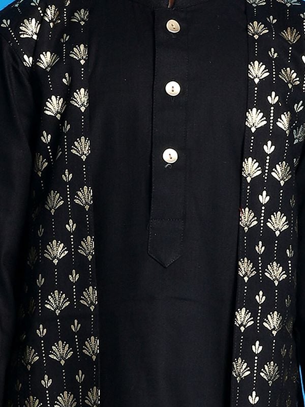 Exotic India Cotton Blend Foil Printed Flap Kurta With White Pajama 