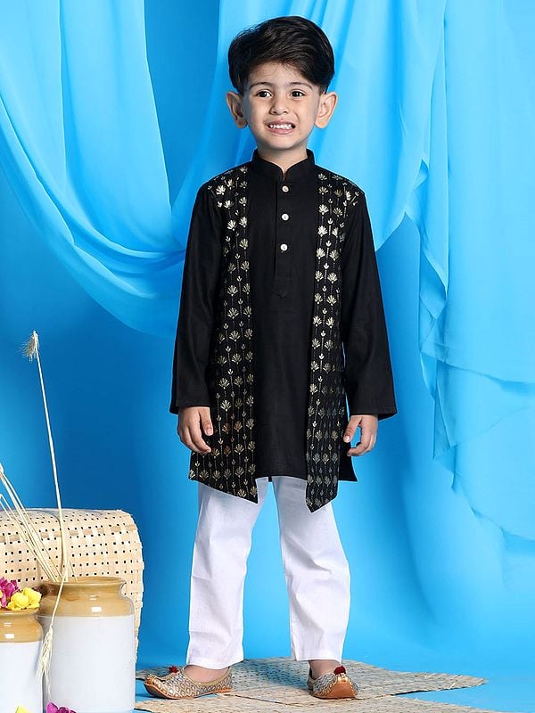 exotic india Cotton Blend Foil Printed Flap Kurta With White Pajama