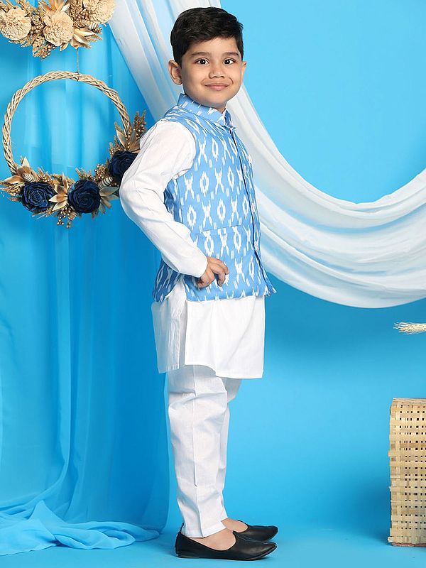 Exotic India Cotton Blend Ikkat Digital Print Aqua Modi Jacket With White Kurta Pajama 