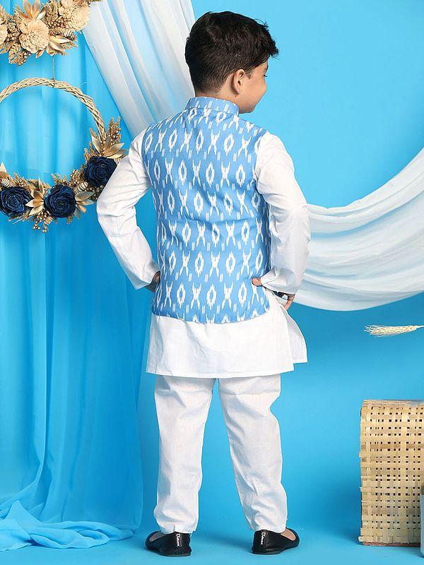 Exotic India Cotton Blend Ikkat Digital Print Aqua Modi Jacket With White Kurta Pajama 