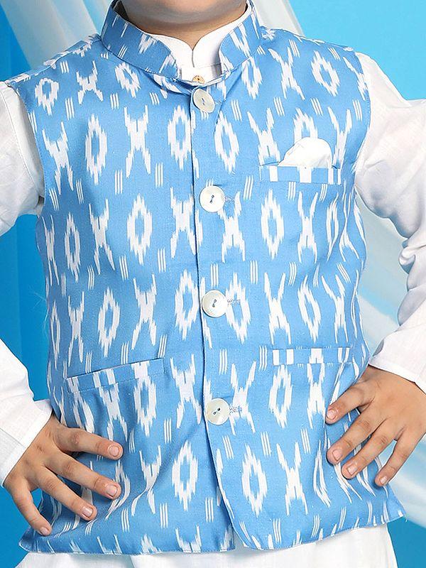 Exotic India Cotton Blend Ikkat Digital Print Aqua Modi Jacket With White Kurta Pajama 