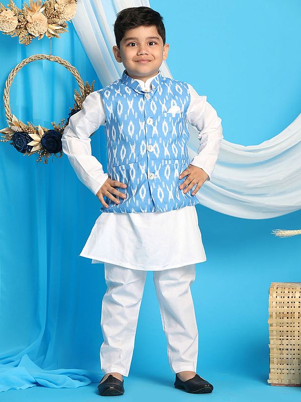 exotic india Cotton Blend Ikkat Digital Print Aqua Modi Jacket With White Kurta Pajama 