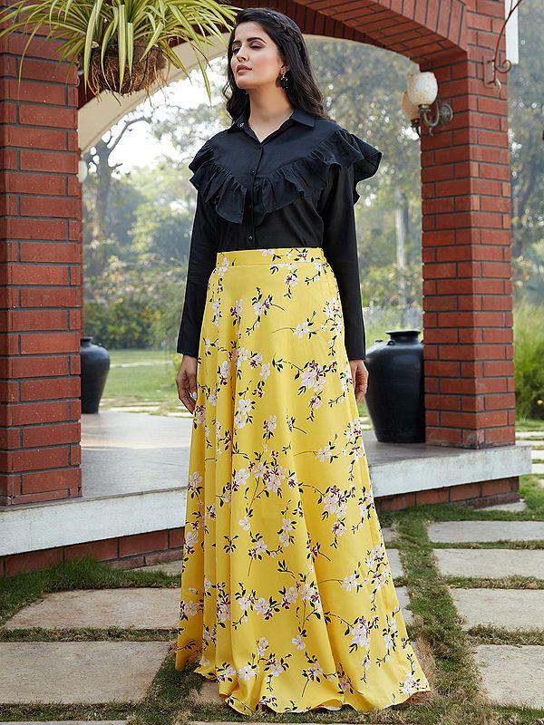 Exotic India Cotton Crop-Top With Crepe Silk Floral Printed Skirt