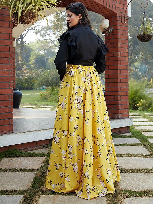 Exotic India Cotton Crop-Top With Crepe Silk Floral Printed Skirt