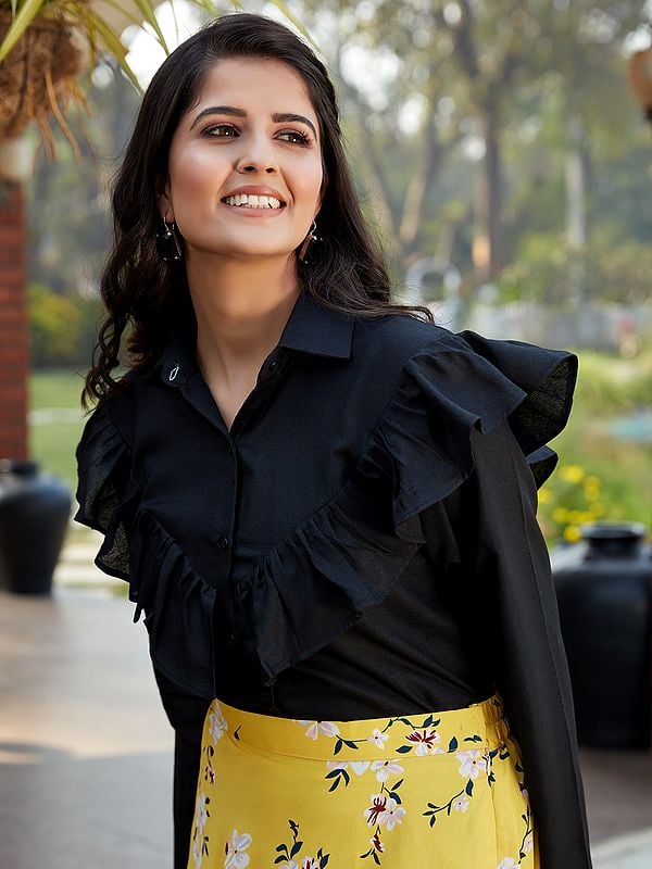 Exotic India Cotton Crop-Top With Crepe Silk Floral Printed Skirt