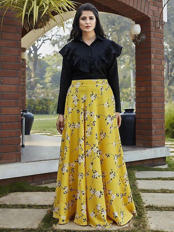 exotic india Cotton Crop-Top with Crepe Silk Floral Printed Skirt