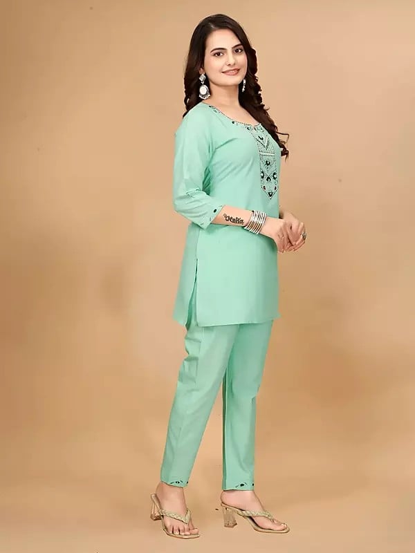 Exotic India Cotton Handwork Solid Round Neck Co-Ord Set 