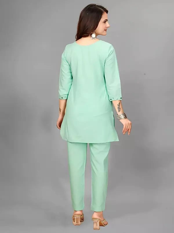 Exotic India Cotton Handwork Solid Round Neck Co-Ord Set 