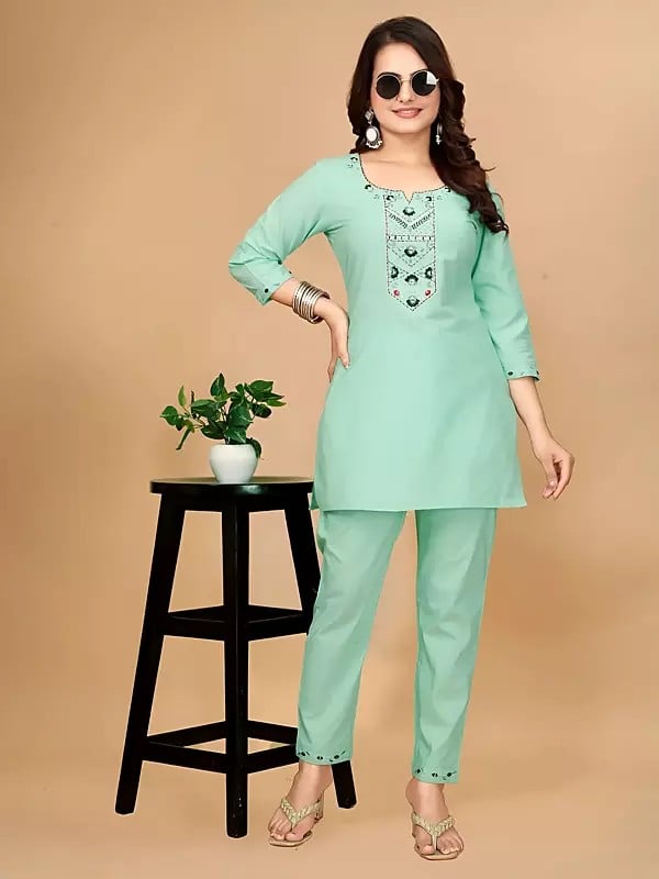exotic india Cotton Handwork Solid Round Neck Co-Ord Set