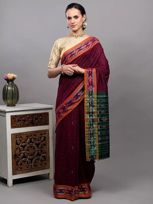 Exotic India Cotton Ikat Saree From Sambhalpur With Woven Border 