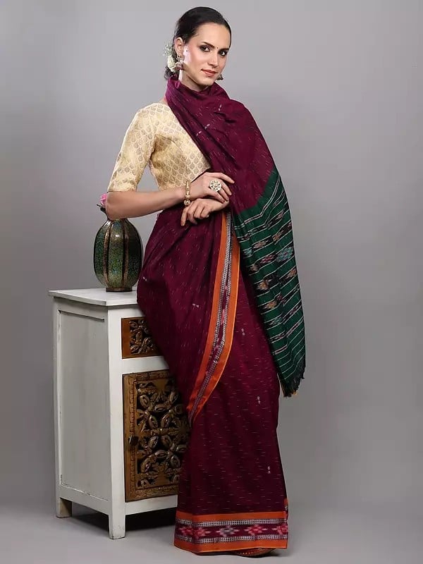 Exotic India Cotton Ikat Saree From Sambhalpur With Woven Border 