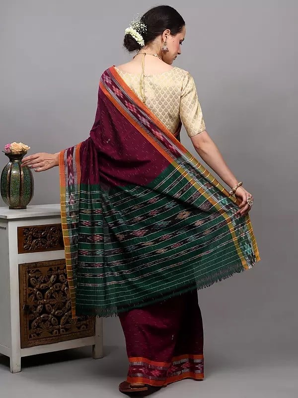 Exotic India Cotton Ikat Saree From Sambhalpur With Woven Border 