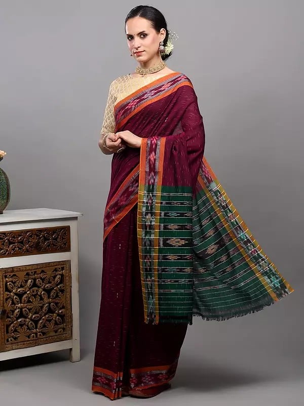 exotic india Cotton Ikat Saree from Sambhalpur with Woven Border 