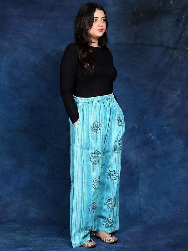 Exotic India Cotton Loose Fit Palazzo With Printed Auspicious Symbols 