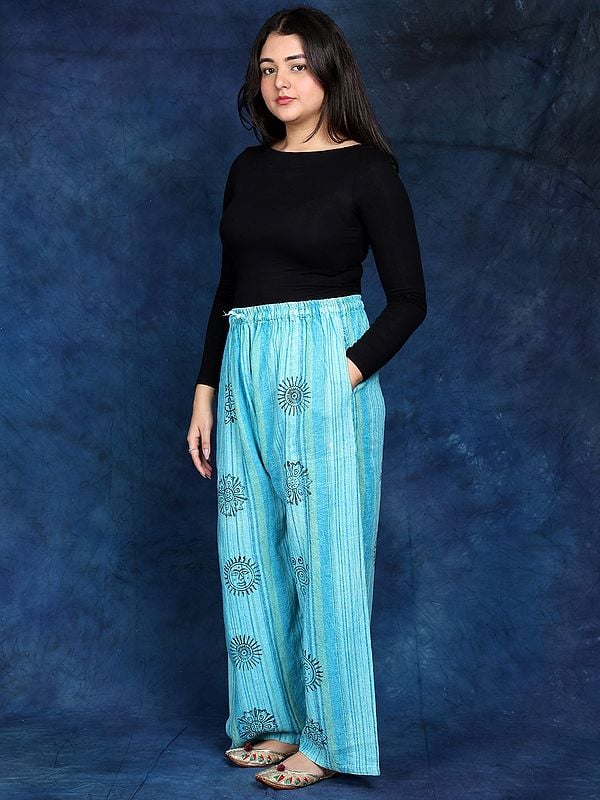 Exotic India Cotton Loose Fit Palazzo With Printed Auspicious Symbols 