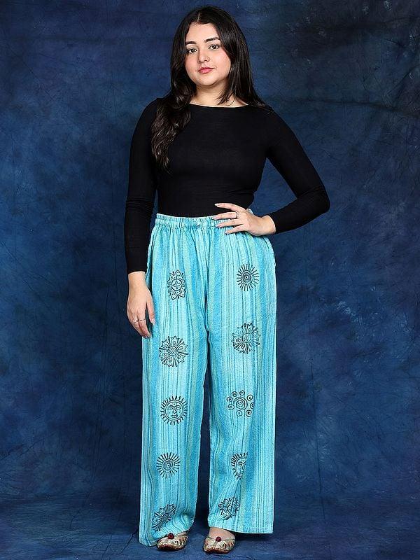 exotic india Cotton Loose Fit Palazzo with Printed Auspicious Symbols 