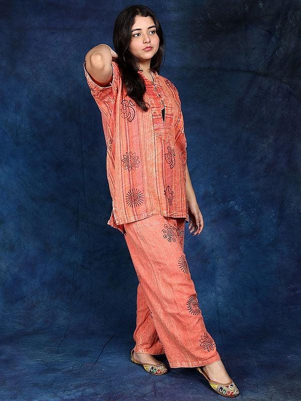 Exotic India Cotton Palazzo Co-Ord Set With Block Printed Auspicious Symbols