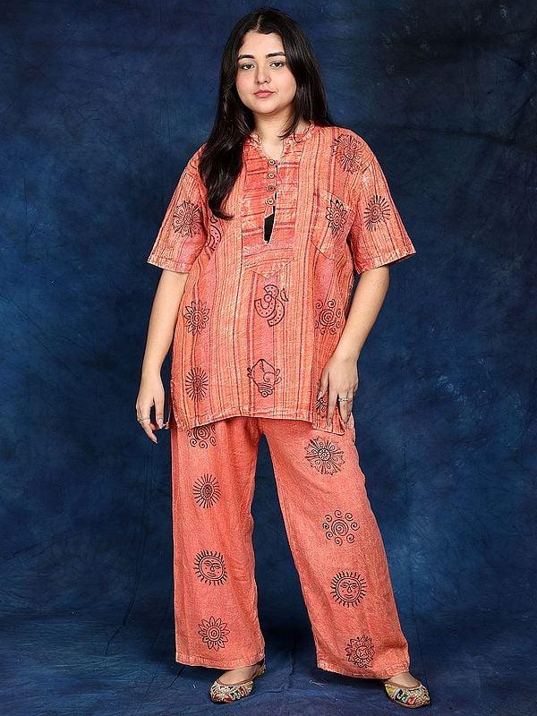 exotic india Cotton Palazzo Co-Ord Set with Block Printed Auspicious Symbols