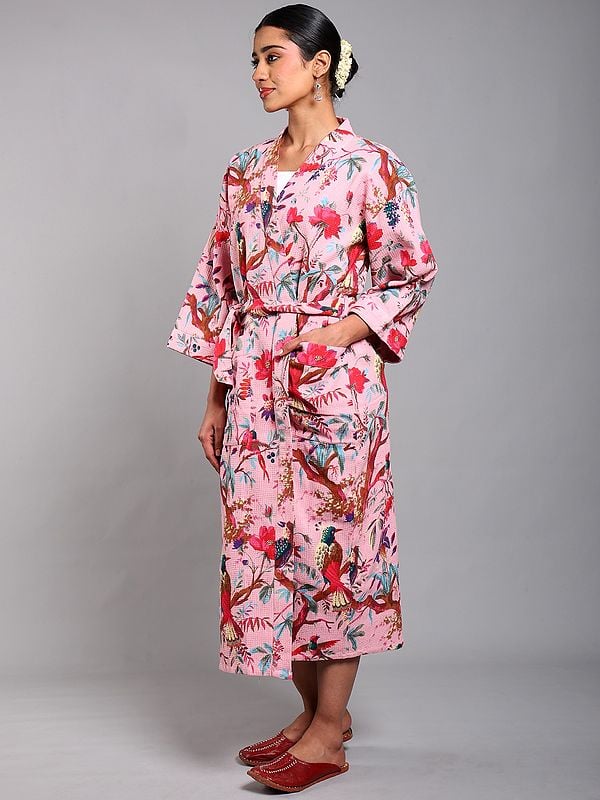 Exotic India Cotton Robe With Printed Tree Branch And Front Pockets 