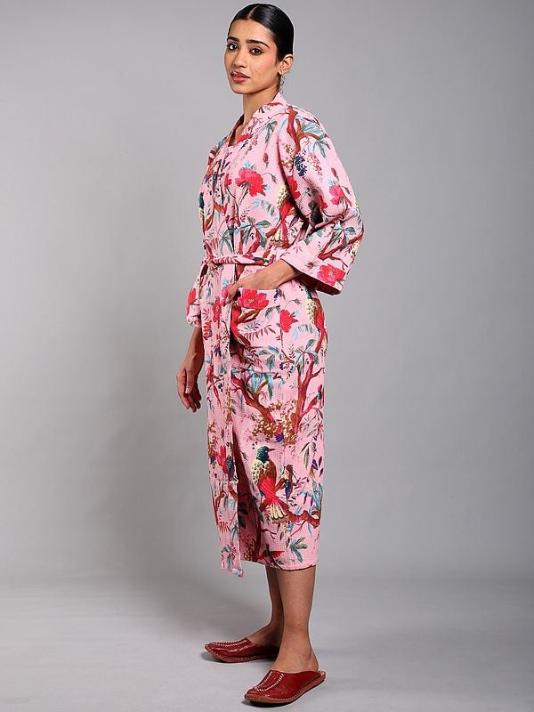 Exotic India Cotton Robe With Printed Tree Branch And Front Pockets 