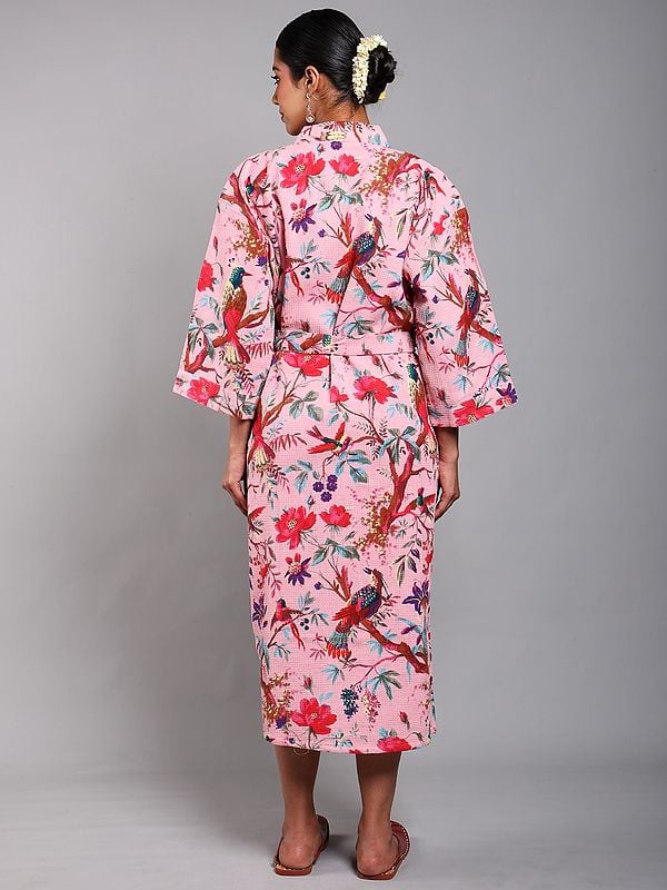 Exotic India Cotton Robe With Printed Tree Branch And Front Pockets 