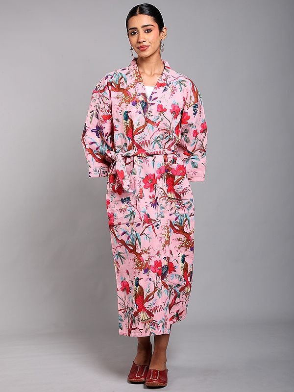 exotic india Cotton Robe with Printed Tree Branch and Front Pockets 
