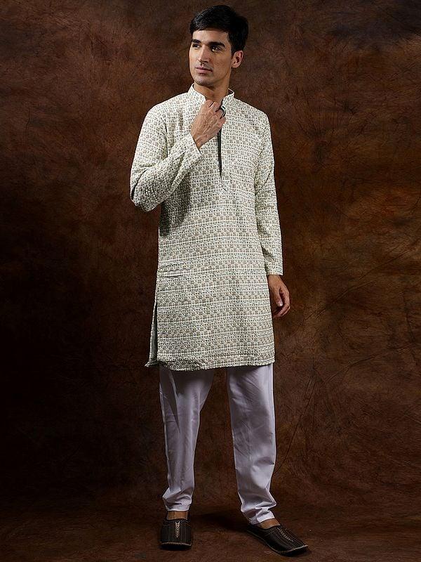 Exotic India Cotton Sequins & Thread Embroidered Kurta With Plain Pajama 