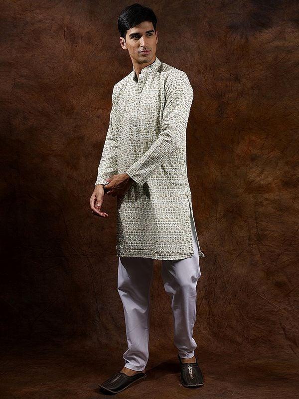 Exotic India Cotton Sequins & Thread Embroidered Kurta With Plain Pajama 