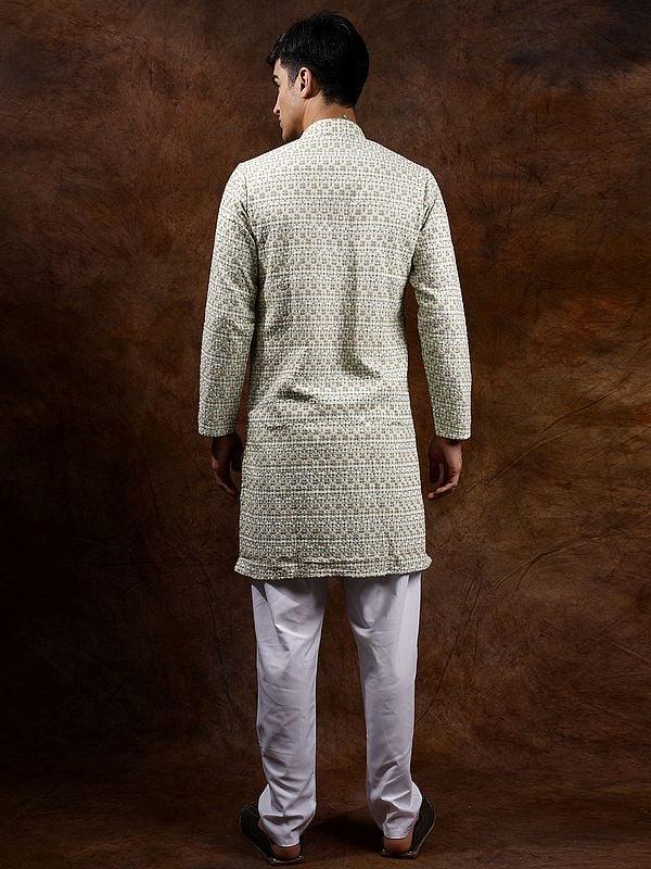 Exotic India Cotton Sequins & Thread Embroidered Kurta With Plain Pajama 