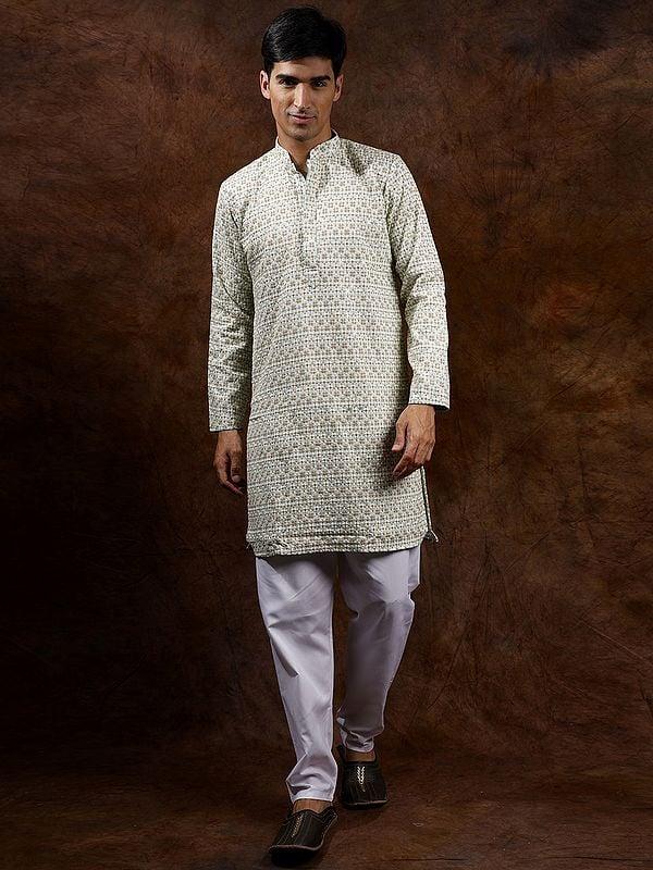 exotic india Cotton Sequins & Thread Embroidered Kurta with Plain Pajama 