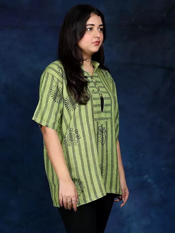 Exotic India Cotton Short Kurti With Printed Auspicious Symbols Of Hinduism And Front Pocket