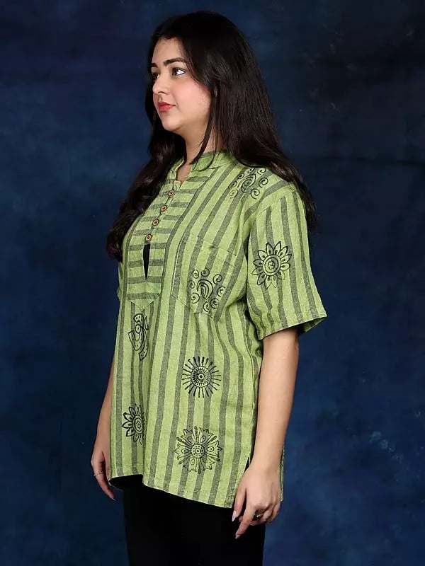 Exotic India Cotton Short Kurti With Printed Auspicious Symbols Of Hinduism And Front Pocket