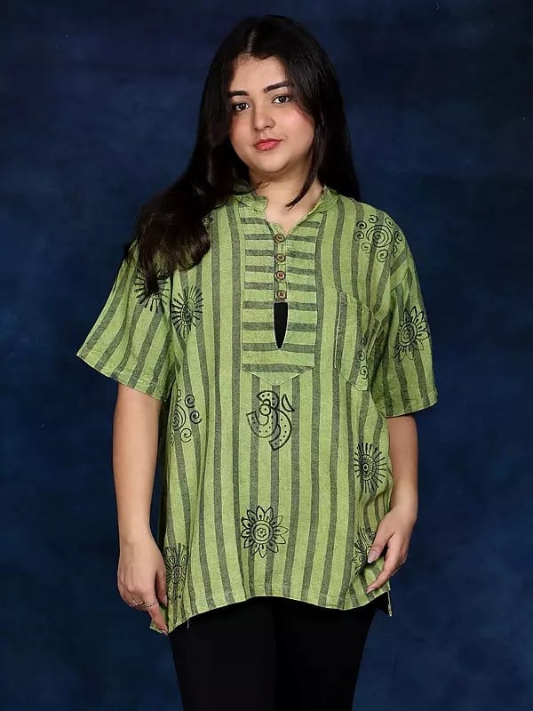 Exotic India Cotton Short Kurti With Printed Auspicious Symbols Of Hinduism And Front Pocket