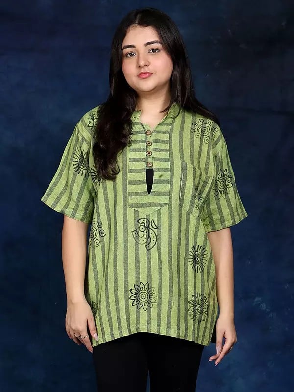 exotic india Cotton Short Kurti with Printed Auspicious Symbols of Hinduism and Front Pocket 