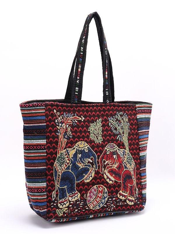 Exotic India Cotton Zipper Closure Tote Bag With Pair Of Elephant Motifs From Kutch 