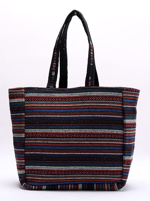Exotic India Cotton Zipper Closure Tote Bag With Pair Of Elephant Motifs From Kutch 