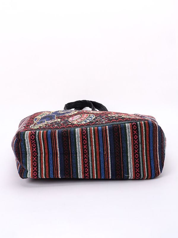 Exotic India Cotton Zipper Closure Tote Bag With Pair Of Elephant Motifs From Kutch 