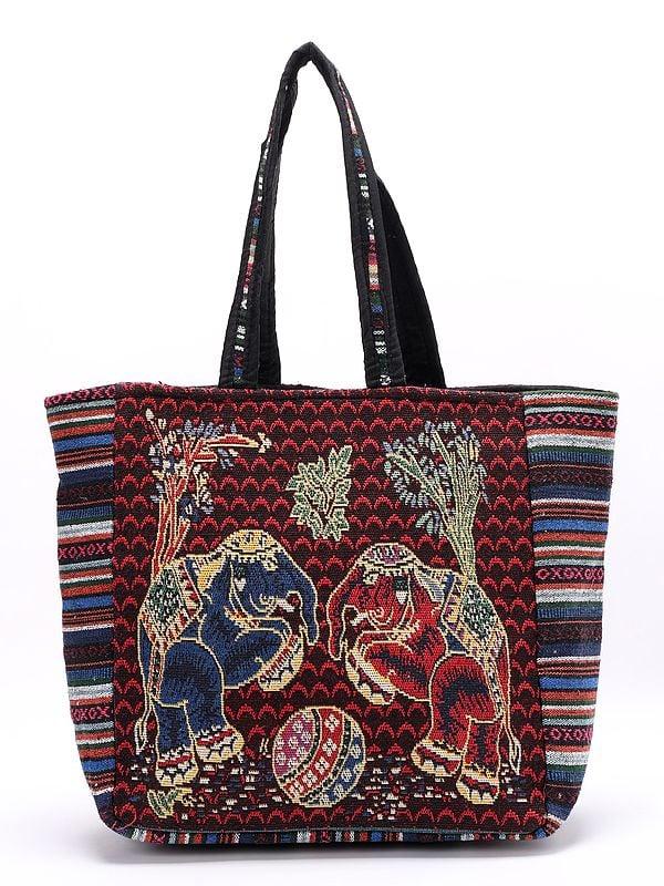 exotic india Cotton Zipper Closure Tote Bag with Pair of Elephant Motifs from Kutch 