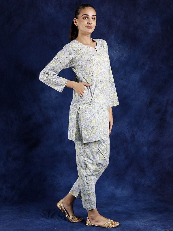 Exotic India Country-Air Notch Neck Co-Ord Set With Block Printed Flowers And Side Pockets 