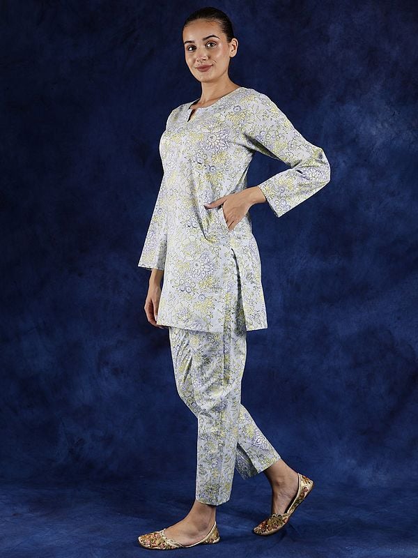 Exotic India Country-Air Notch Neck Co-Ord Set With Block Printed Flowers And Side Pockets 