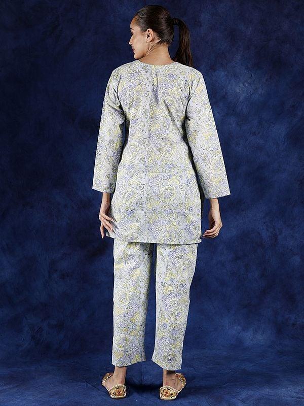 Exotic India Country-Air Notch Neck Co-Ord Set With Block Printed Flowers And Side Pockets 
