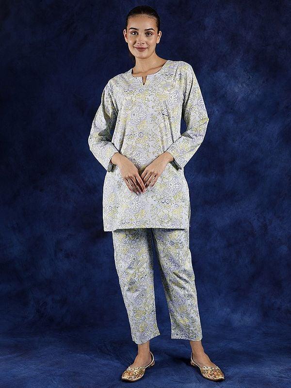 exotic india Country-Air Notch Neck Co-Ord Set with Block Printed Flowers and Side Pockets 