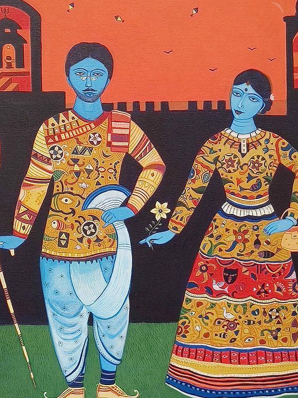 Exotic India Couple In Beautiful Folk Outfit | Acrylic On Canvas | By Bhaskar Lahiri 