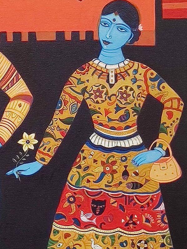Exotic India Couple In Beautiful Folk Outfit | Acrylic On Canvas | By Bhaskar Lahiri 