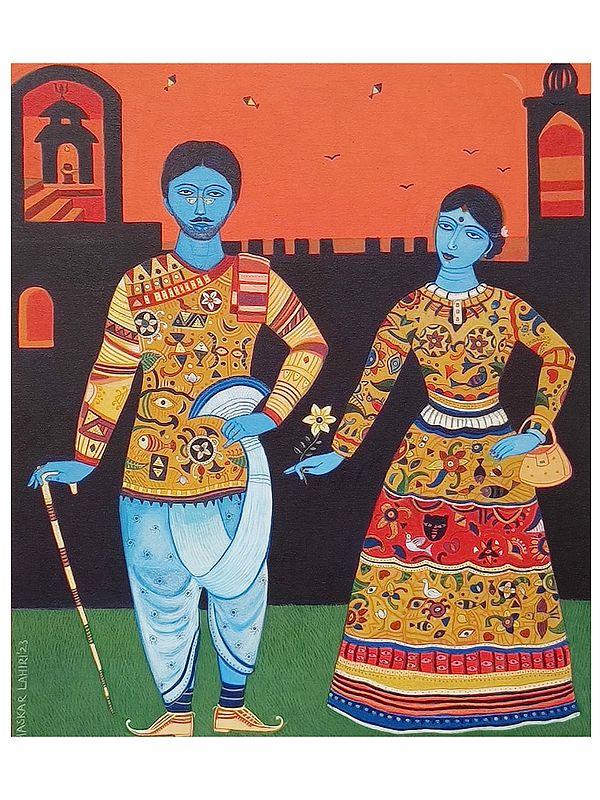 exotic india Couple In Beautiful Folk Outfit | Acrylic On Canvas | By Bhaskar Lahiri 