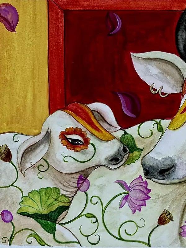 Exotic India Cow And Calf With Floral Motif | Mixed Medium On 300Gsm | By Megha Chakraborty 