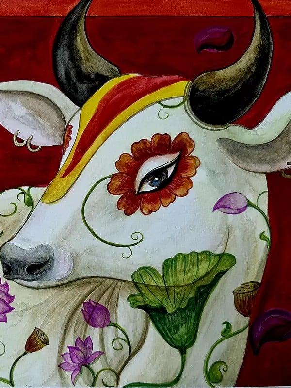 Exotic India Cow And Calf With Floral Motif | Mixed Medium On 300Gsm | By Megha Chakraborty 