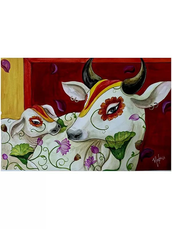 exotic india Cow And Calf With Floral Motif | Mixed Medium On 300Gsm | By Megha Chakraborty 