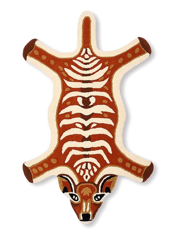 exotic india Cream and Brown Tufted Deer Shaped Asana Mat from Mirzapur 
