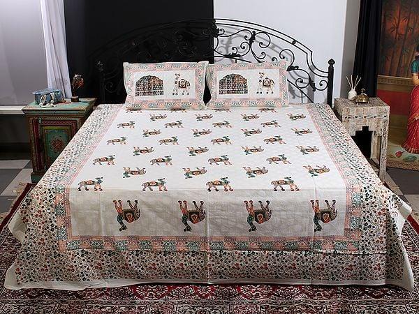 Exotic India Cream Color Cotton Handblock Printed Queen Size Bedsheet With Multicolor Camel-Vine Motif And Two Pillow Cover 